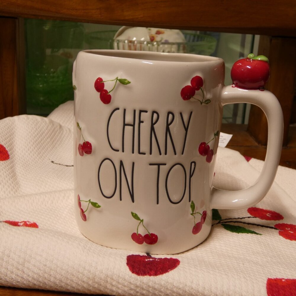 Rae Dunn, Kate Spade ceramic Cherry on Top mug and matching kitchen towel